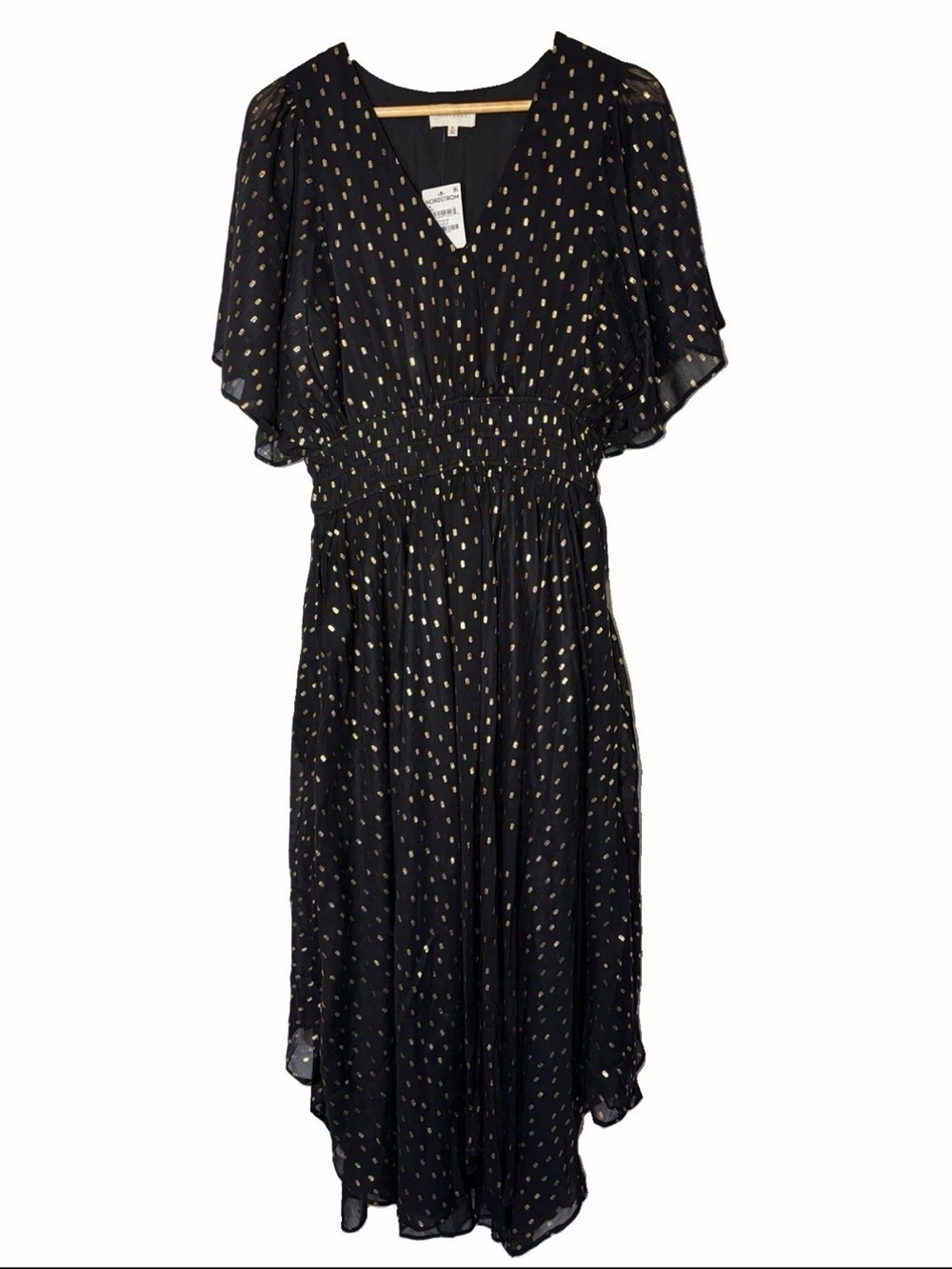 NWT Nordstrom Black/Gold Metallic Polka Dot V-Neck Flutter Sleeve Midi Dress M